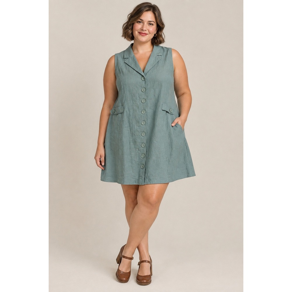 NEW ModCloth Sleeveless Linen Blend Button Shift Dress Sz 24 Green Retro Safari